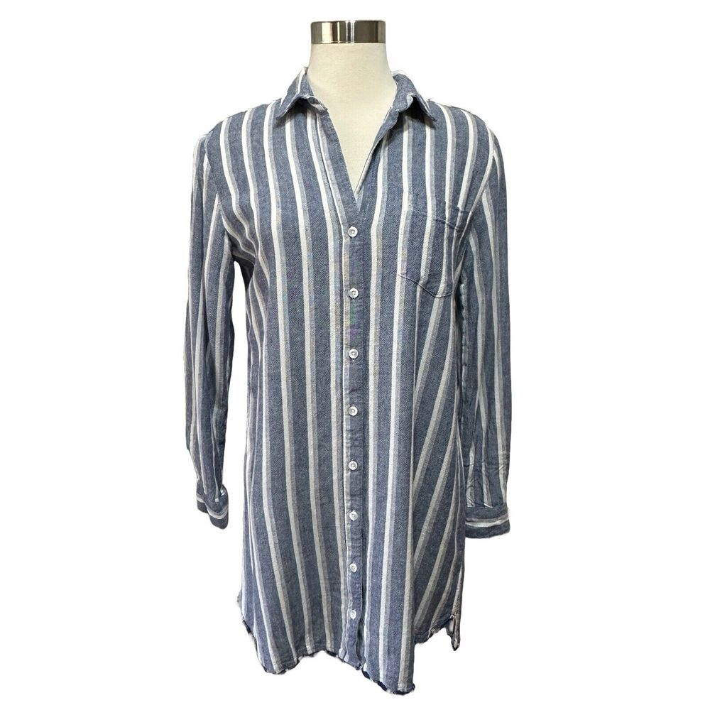 Cloth & Stone Stripe Tunic Dress Womens Small Blue Linen Blend Beach Vacation